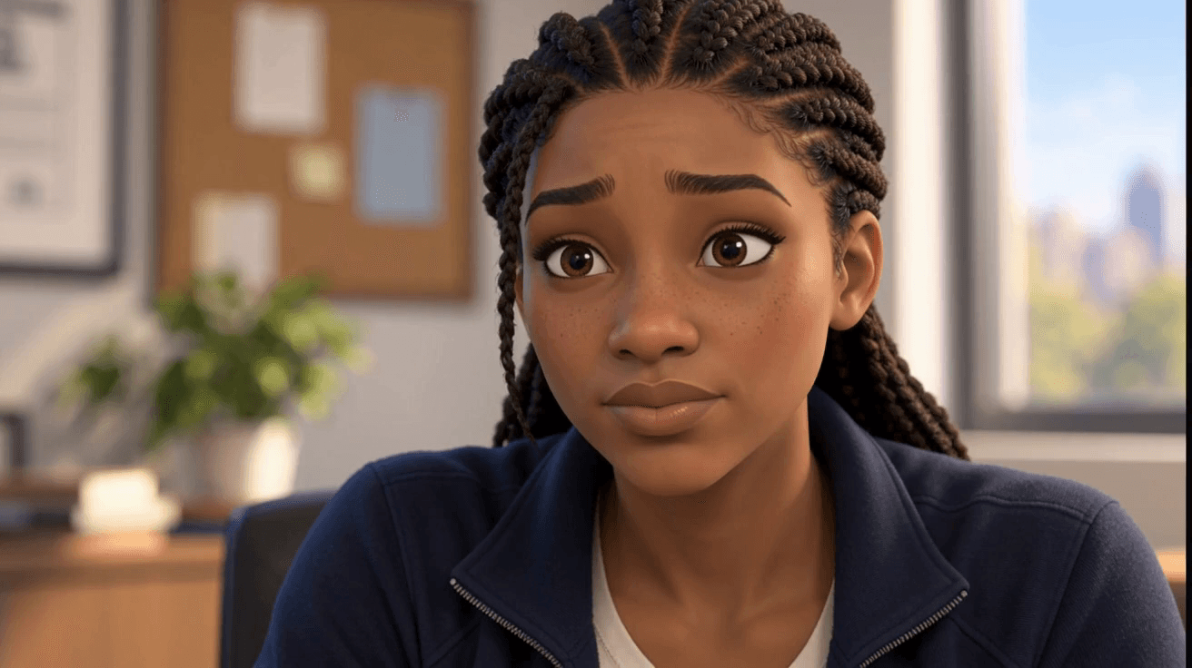 Maya listening across a desk in a sports representation office
